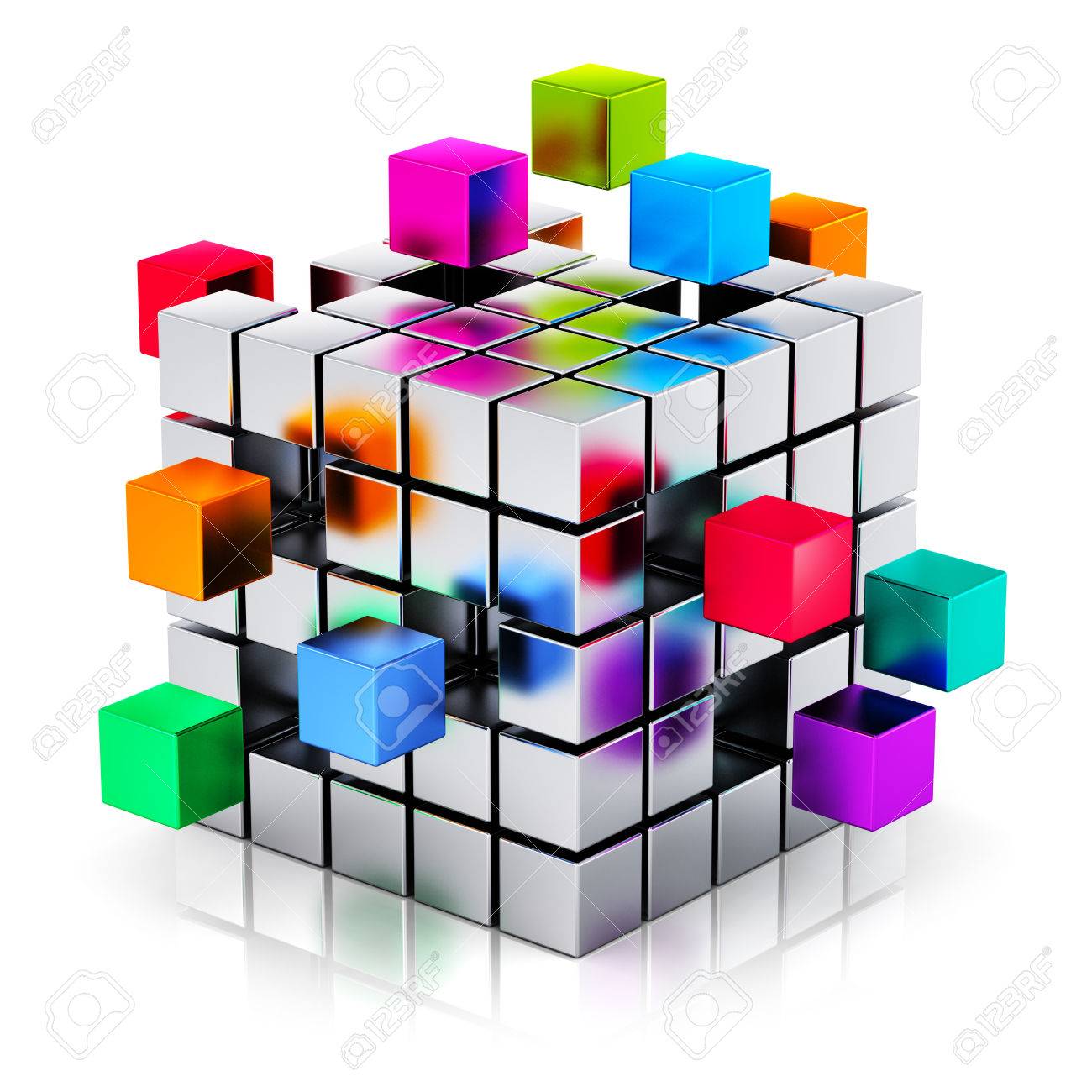 Creative abstract business teamwork, internet and communication concept: colorful cubic structure with assembling metallic cubes isolated on white background